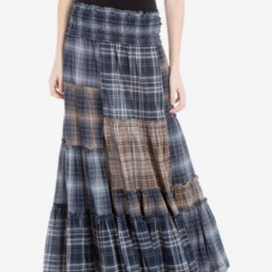 Plaid Patchwork Maxi Skirt Blue Brown Size Large